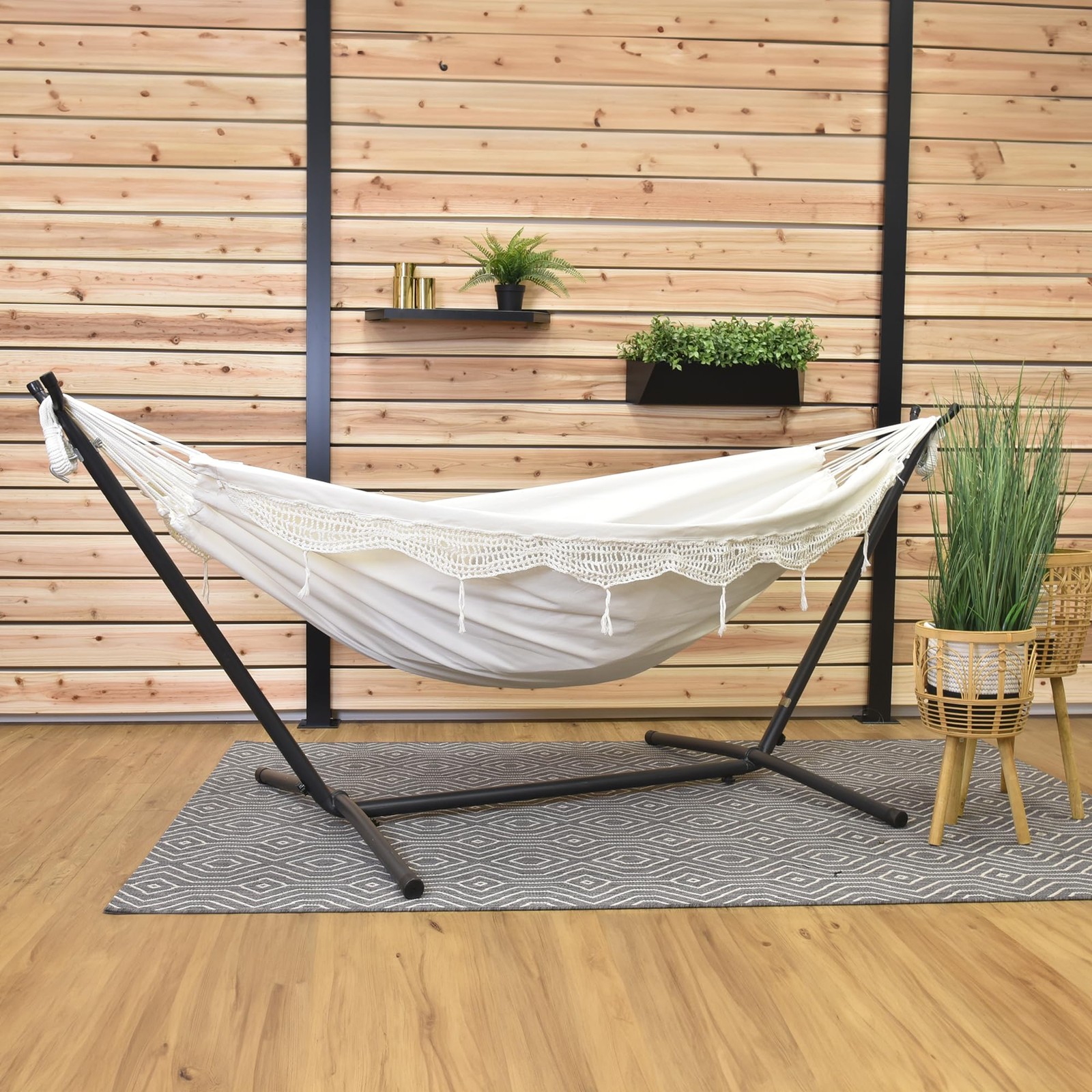 Vivere Double Cotton Hammock with Space Saving Steel Stand Upgraded Polyester En