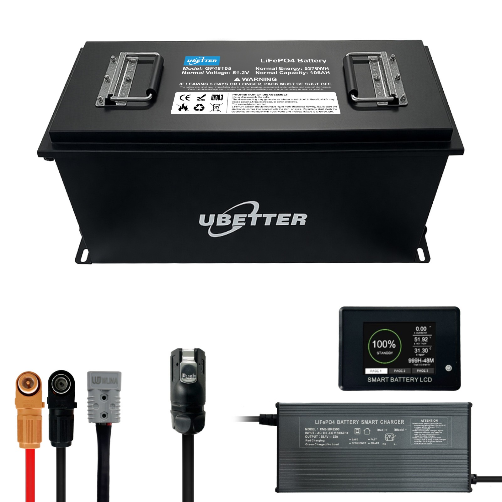 48V 105AH LiFePO4 Golf Cart Lithium Battery with 200A BMS, 15A Fast Charger