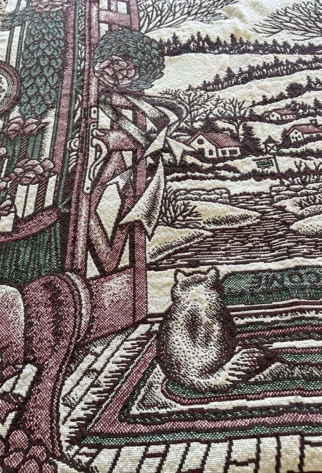 Vintage Christmas Woven Throw Blanket Tapestry Fringe Tree Cat Window ...