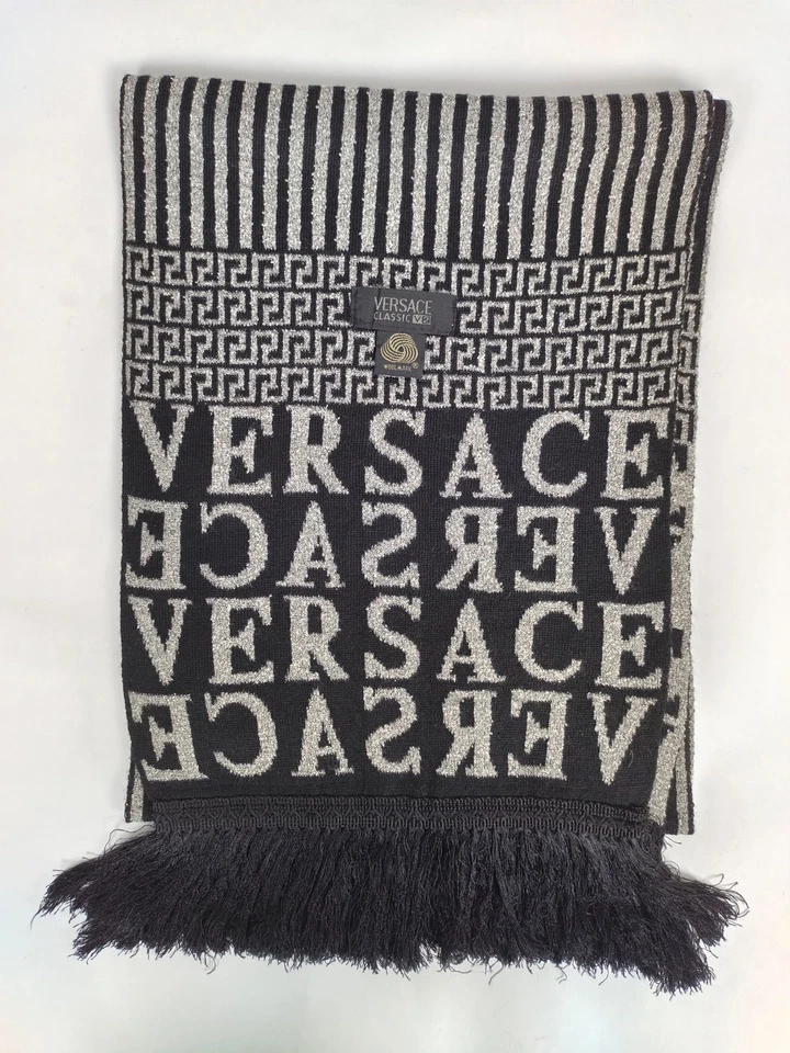Bufanda de invierno Versace genuina vintage estampada negra/gris lana Foto 3 de 4