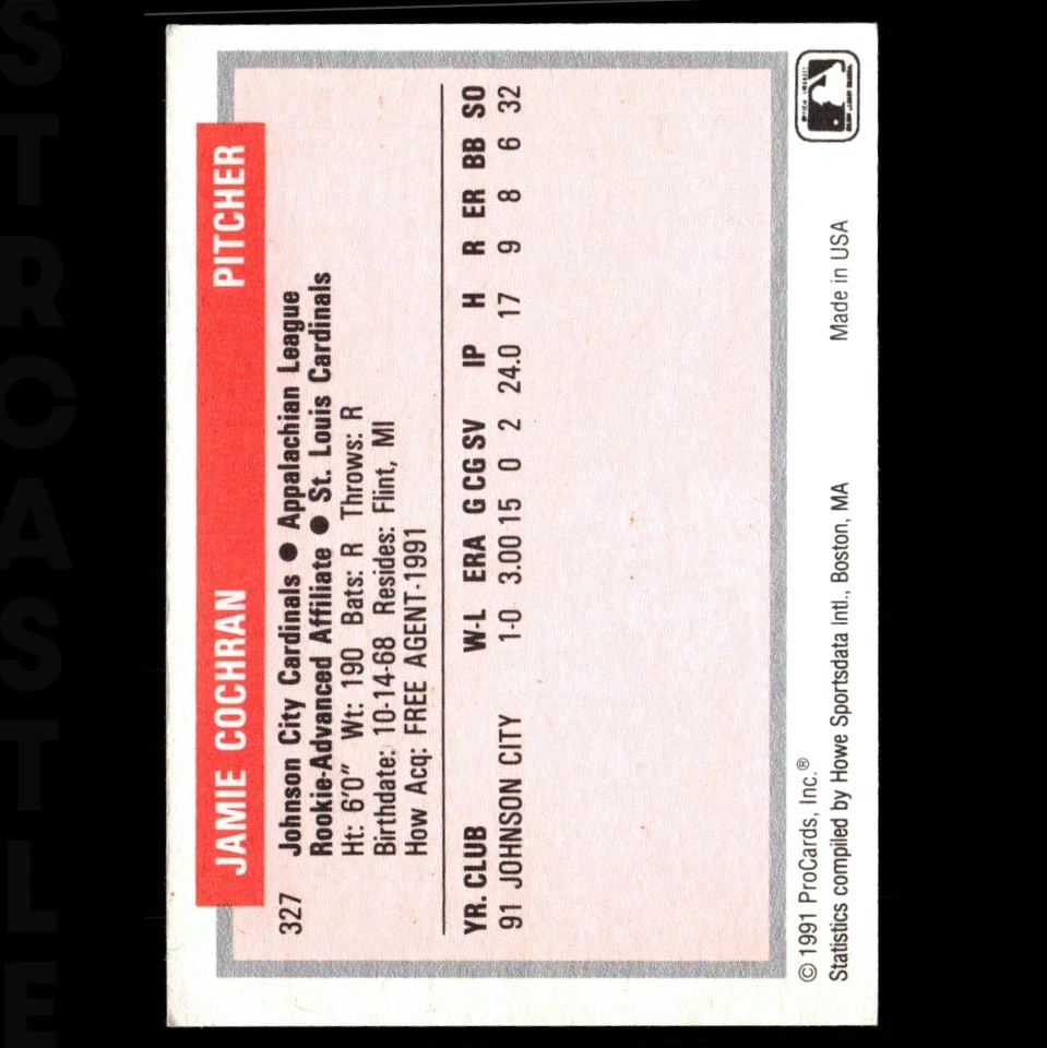 Jamie Cochran 1991 ProCards Tomorrow's Heroes #327 St. Louis Cardinals ⚾ RC - Image 2 of 3