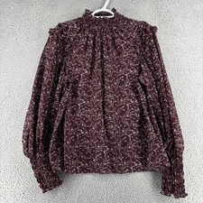 Max Studio Top Womens Large Sheer Floral Long Sleeve Smocked Ruffle Blouse Boho