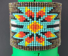 Multicolored Sunburst Beaded Cuff Bracelet Leather Backed