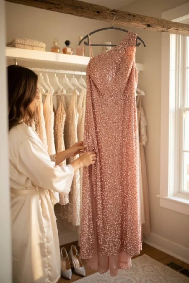 Vestido de lentejuelas rosa salmón - Talla 16 - Un hombro - Cierre de cremallera - Nuevo sin etiquetas Foto 3 de 3