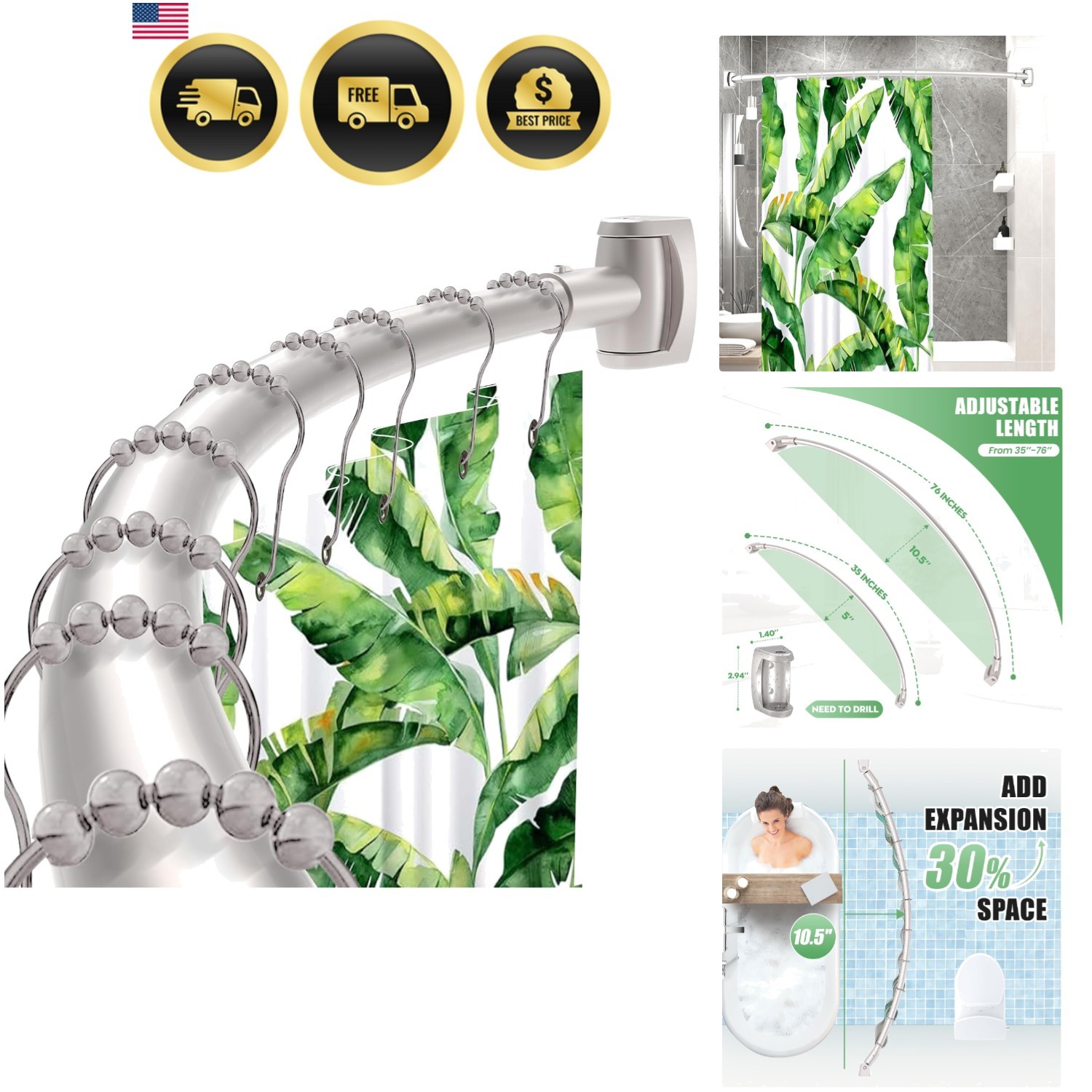 Curved Shower Curtain Rod 33-78in For Stylish Bathrooms