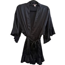 Victoria's Secret Satin Kimono Robe Women's Size M/L Black Tie Ruffle Trim Flowy