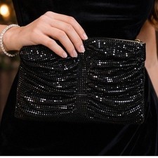 Vtg Whiting and Davis Black Metal Mesh Clutch Purse Swooshy Evening Flapper USA