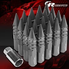 JDM GUN METAL 20PCS M12X1.5 20MM OD 107MM TALL ALUMINUM LUG NUTS SPIKED CAPS+KEY