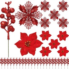 30Pcs/Set Christmas Picks 2 KINDS Poinsettia Flowers Xmas Glitter Berries Stems