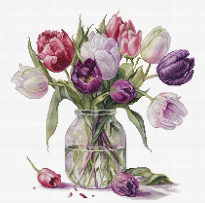 Counted Cross Stitch ''Bouquet of Tulips,'' Embroidery Kit Luca-S Unprinted Сanvas