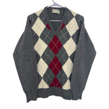 Hawico Scotland Men's V-Neck Sweater Size S 100% Lambswool Argyle Gray Red, NWOT
