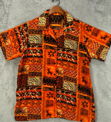 Vintage Magic Tribal Shirt Womens 1X Orange Aztec Tops Button Up Short Sleeve