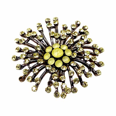 Atomic Brooch Pendant Gunmetal Rhinestone Celestial Floral Firework 2'' Vintage