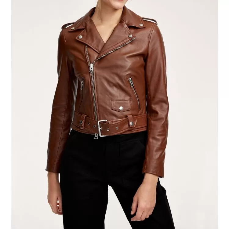 Chaqueta de motociclista de cuero marrón de marca clásica de cuero de cordero...