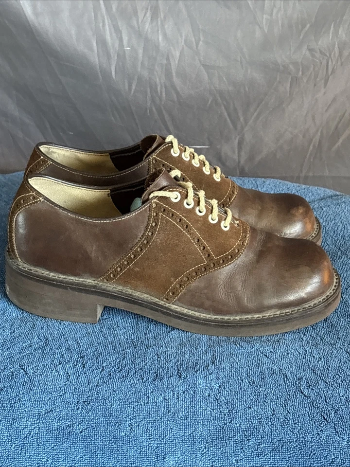 Zapatos de Colección Años 70 Bajo Sillín Zapatos Cuero Marrón Gamuza Tacón Alto Disco 9.5 D Foto 3 de 4