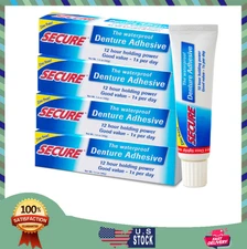Secure Waterproof Denture Adhesive Zinc Free Extra Strong 12Hr Hold 1.4oz-4 Pack