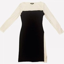Lauren Ralf Lauren Black & White Long Sleeve Boatneck Bodycon Tea-Length Dress