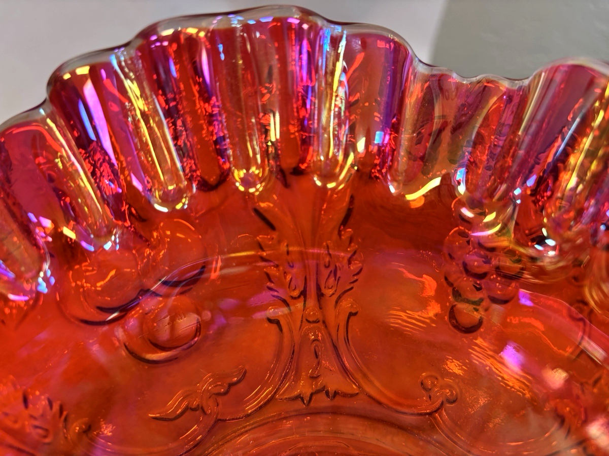 Mosser Red Orange Carnival Glass Grape & Cherry Thumbprint Ruffled