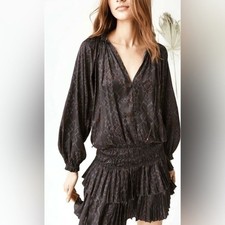 Ulla Johnson Piera Charcoal Batik Drop Waist Pleated Ruffle Mini Dress Size 0