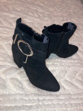 JUST FAB Black Faux Suede Buckle Heeled Boots With Side Zip Detail size 5