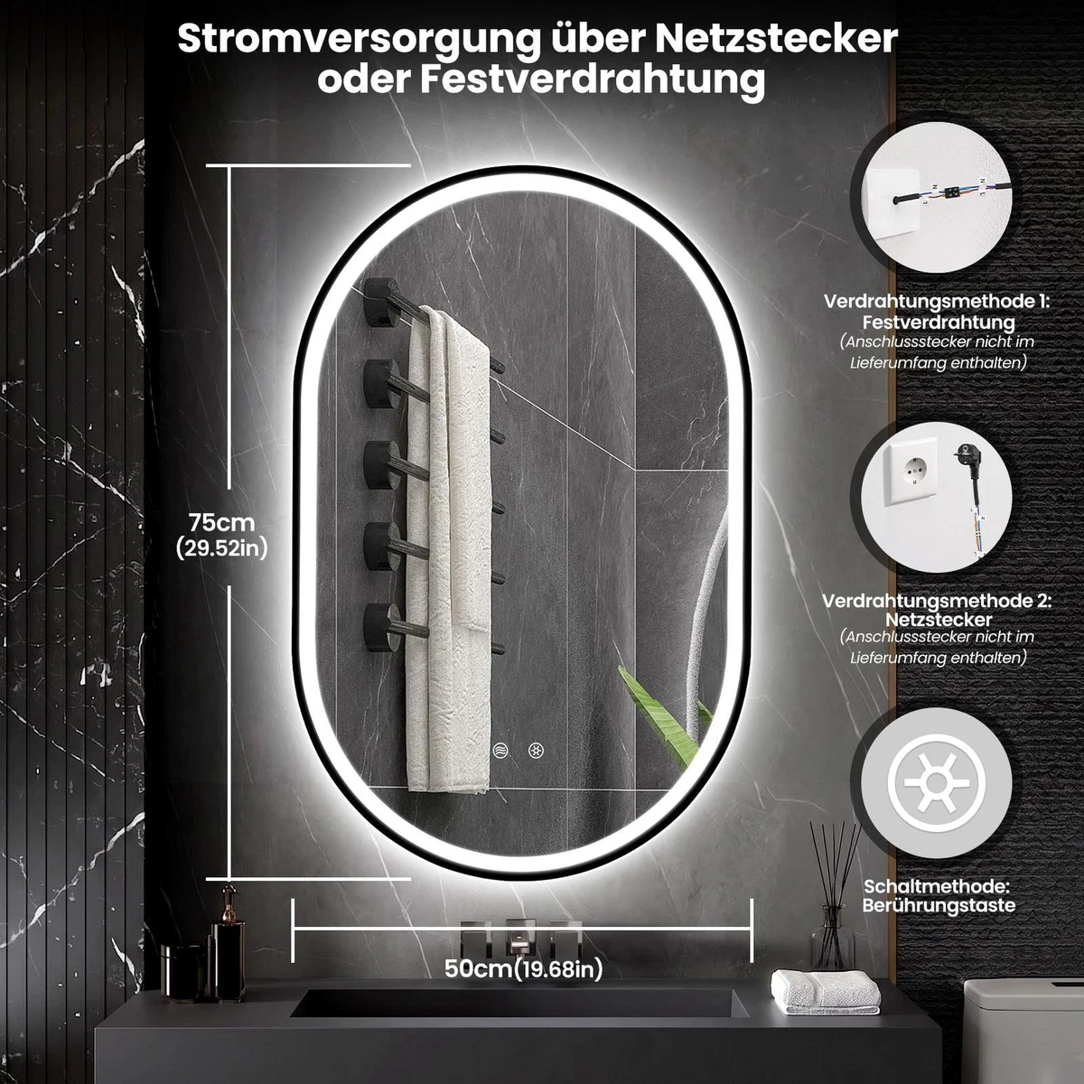 LED Bad Spiegel mit Beleuchtung 3 Lichtfarben Dimmbar Badezimmerspiegel IP44