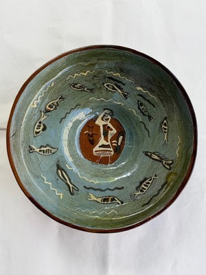 Rare Polia Pillin Studio Early 1946 Ceramic Bowl -  Artist Signed - Woman & Fish