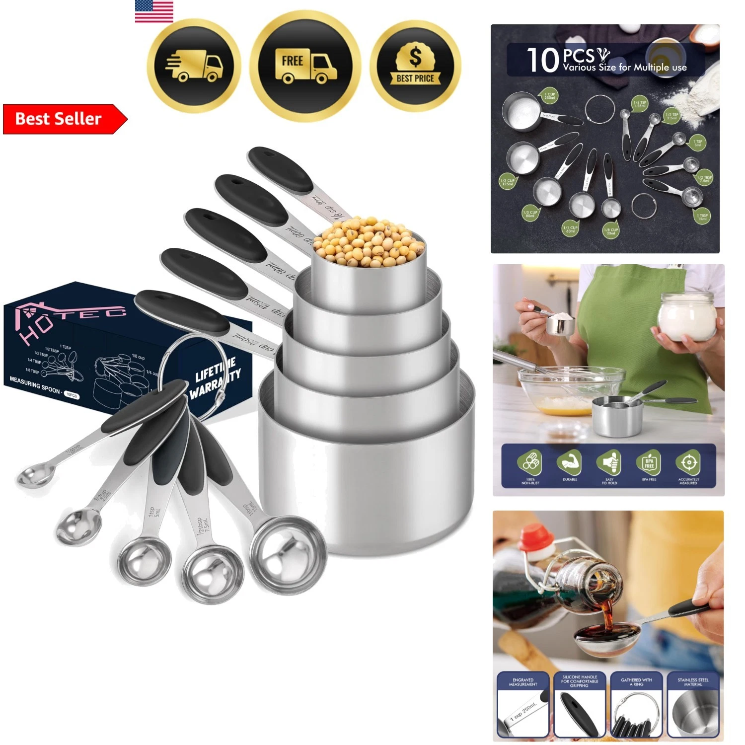 Measuring Cups and Spoons Set Kitchen Gadgets Cooking Baking 10 Piece Stainle...