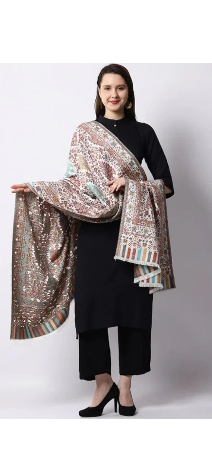 Mantón bordado cachemir 80"x40" para mujer Jamwar meditación lana manta a rayas Foto 4 de 4