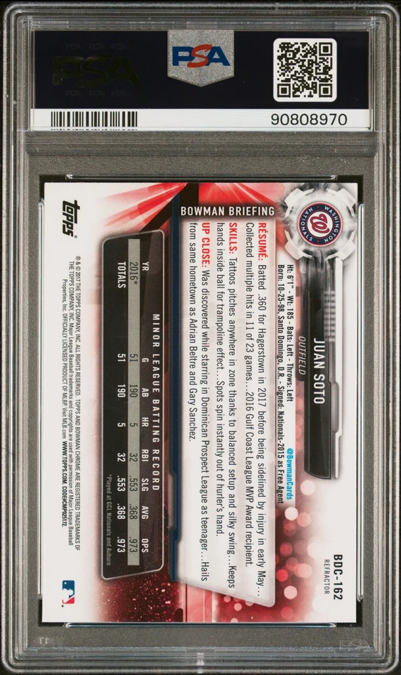 Tarjeta de novato PSA 10 JUAN SOTO 2017 Bowman Chrome Refractor Nationals RC GEMA COMO NUEVA Foto 3 de 4