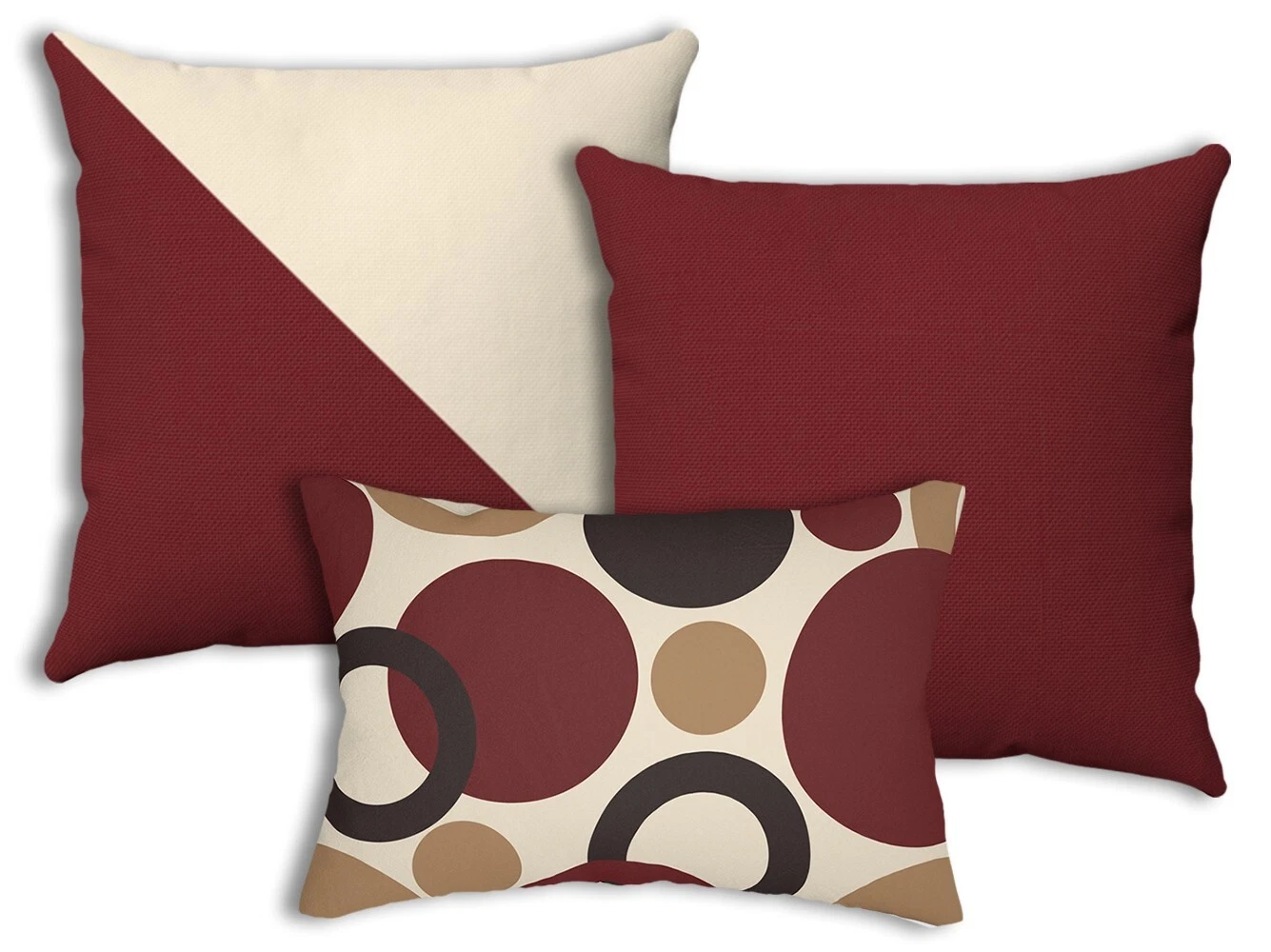 Set of 3 Burgundy and Beige Geometric Throw Pillows 20x20, 14x20