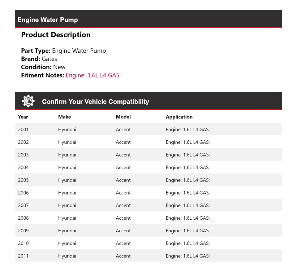 Para Hyundai Accent 2001-2011 1.6L L4 Motor Gas Bomba Agua Puertas 2002 2003 2004 Foto 2 de 4