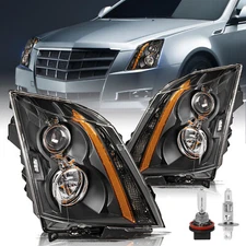 For 2008-2014 Cadillac CTS CT-S Black Halogen Headlights Lamps LH+RH w/BULBS