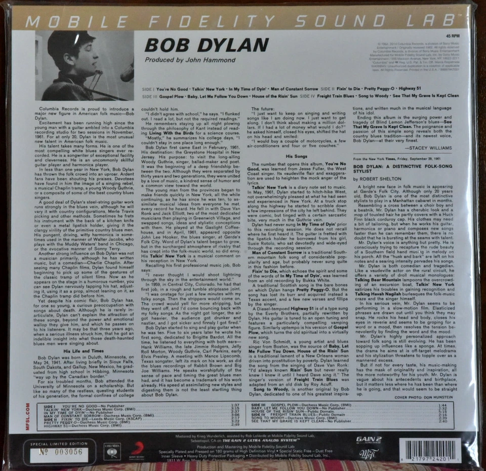 AUDIOPHILE MOBILE FIDELITY  MFSL 420 BOB DYLAN self Title #2LP No #2112 SS - Image 2 of 2