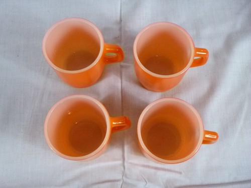 4 Vtg Anchor Hocking BRIGHT Orange D Handle Stackable Oven Proof Mugs Cups - Picture 2 of 5