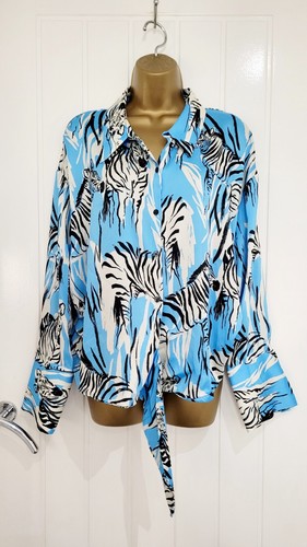 ZARA size 12 14 M Gorgeous blue zebra satin tie cropped blouse top shirt VGC - Picture 4 of 5