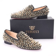 Men FERUCCI Gray Velvet Slippers Loafers Flats Gold Spikes Rivet Wedding Prom
