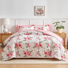 Flower Comforter Sheet Set White Bed in a Bag 6 Pieces Twin Size Dark Pink Fl...