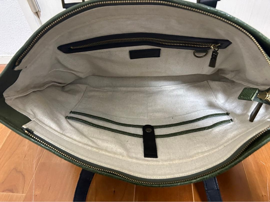 Second Effort Olive Green Leather Tote Bag Large Durable Japan View 6