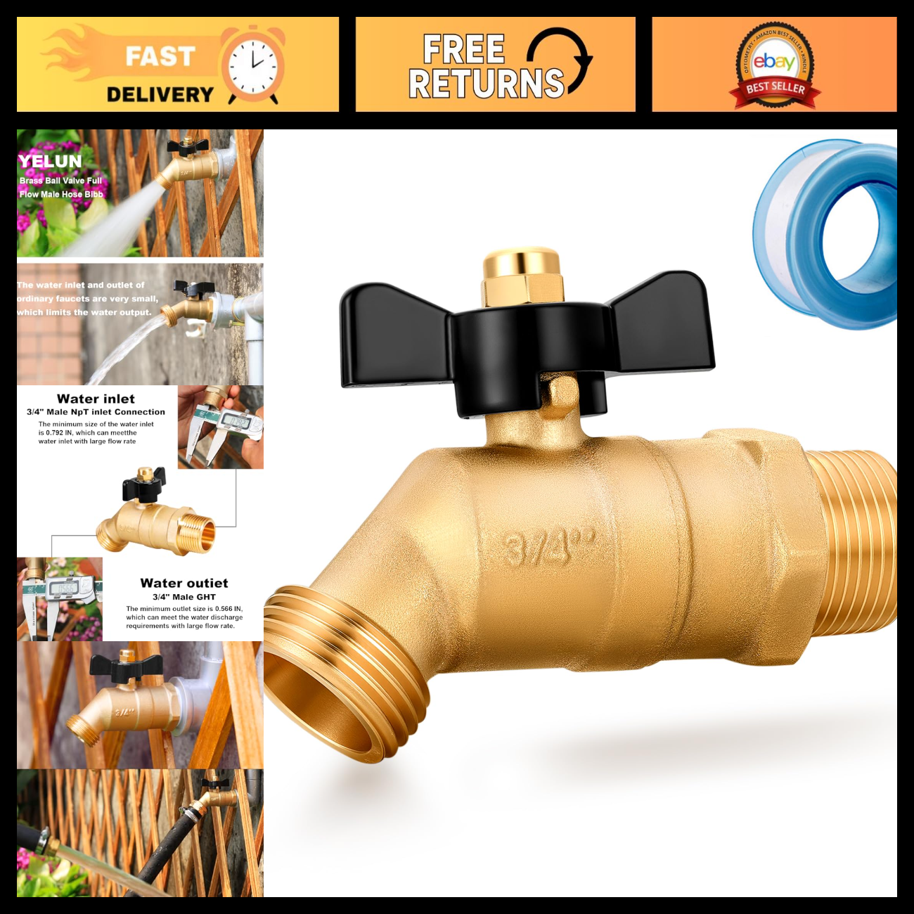 Center Faucet Inlets Heavy-Duty Brass Hose Bibb 3/4