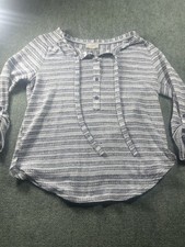 LOFT Gray White Knit Striped Pullover Sweater Button Tie Neck Women's M