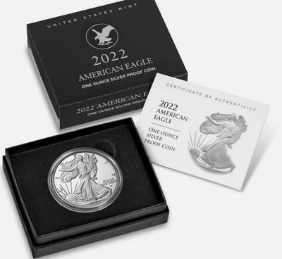 #ad 2022 W US Mint Proof American Silver Eagle w BoxCOA $90.00