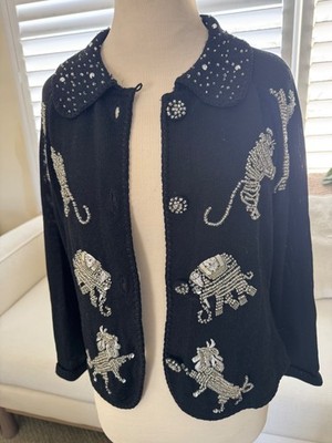 Vintage Michael Simon New York Black Cardigan with Animal Beading M