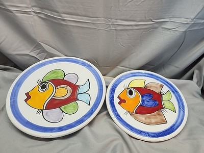 Vintage Italian Pottery Fish Plates Primary colors Salad & Dinner Nino Parrucca
