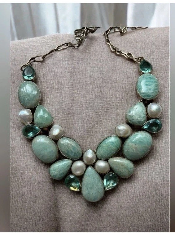 Collar pesado vintage hecho a mano de larimar dominicano y perlas de plata de ley   Foto 3 de 4