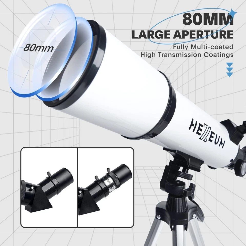 80mm Aperture Astronomy Telescope Portable Refractor 600mm AZ Mount for Kids ... - Image 4 of 4