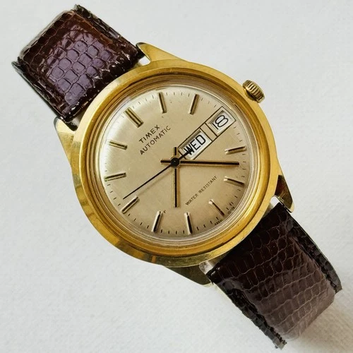 Vintage 1978 Timex Viscount Day/Date Automatic Men's 37mm Gold Watch 48861-10978