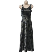 Vintage 90s Y2K Roberta Gray Floral Satin Maxi Dress Slinky Evening Empire Waist