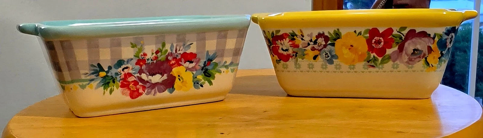 Pioneer Woman Mini Loaf Pan Sweet Romance Floral Stoneware Ceramic Gingham Set 2