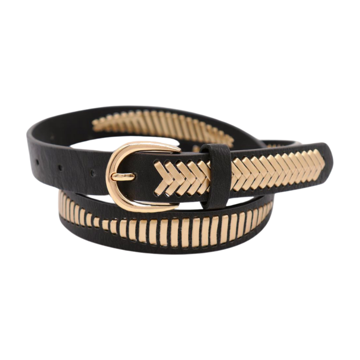 Women Black Faux Leather Gold Weave Braide Elegant Look Belt 