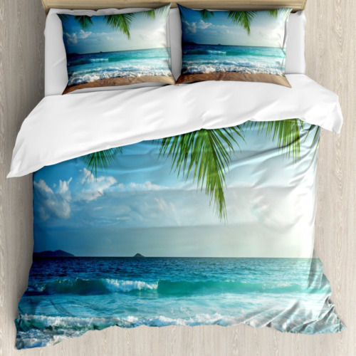 Ocean Duvet Cover Set King Size Palms Tropical Island Beach Seashore Water Wave